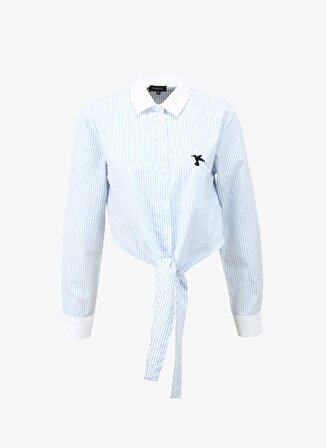Fabrika Rahat Gömlek Yaka Çizgili Mavi - Beyaz Kadın Gömlek F4SL-GML0415