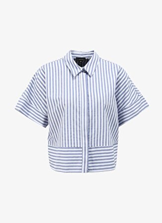 Fabrika Comfort Geniş Fit Gömlek Yaka Çizgili Mavi - Beyaz Kadın Gömlek FC4SL-GML0530