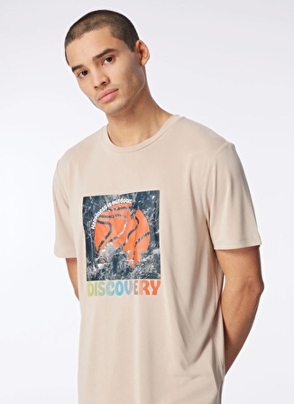 Discovery Expedition Bej Bisiklet Yaka Relaxed Baskılı T-Shirt D4SM-TST3280