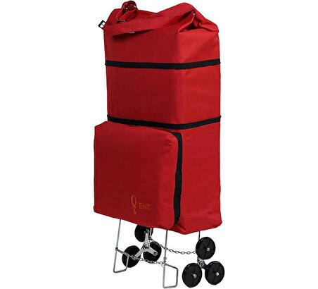 ENTCANTA  MİLA Model 6 Teker, Merdiven Çıkabilen, Özel Kumaşlı ve Katlanabilir Alışveriş ve Seyahat Çantası- Kırmızı