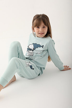 Snoopy Açık Mint Kız Çocuk Uzun Kol Pijama Takım
