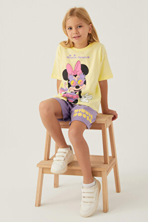 Minnie Mouse Glasses Açık Sarı Kız Çocuk Şort Takım