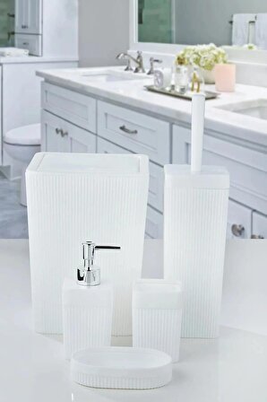 5'li Kare Çizgili Banyo Takımı Beyaz - 5 Parça Lüx Banyo Seti