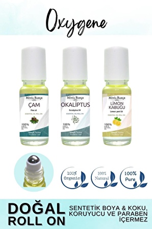 Doğal Roll on, Oksijen Seti, Çam ağacı, Okaliptus ve Lİmon Kabuğu Uçucu Yağı, 10ml x 3