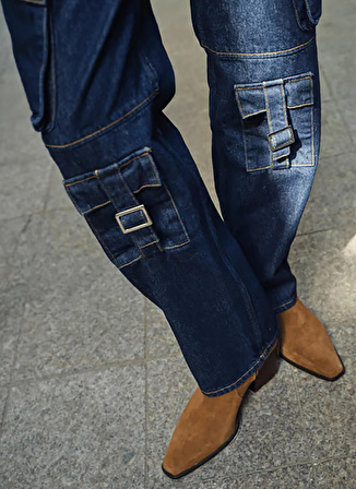 Denim Trip Normal Bel Geniş Paça Rahat Lacivert Kadın Denim Pantolon DT10434 LAURA Cargo Fit Normal Bel