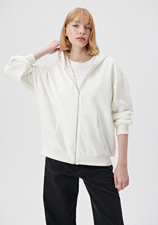 Fermuarlı Kapüşonlu Beyaz Basic Sweatshirt 1611775-70057