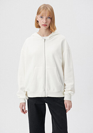 Fermuarlı Kapüşonlu Beyaz Basic Sweatshirt 1611775-70057