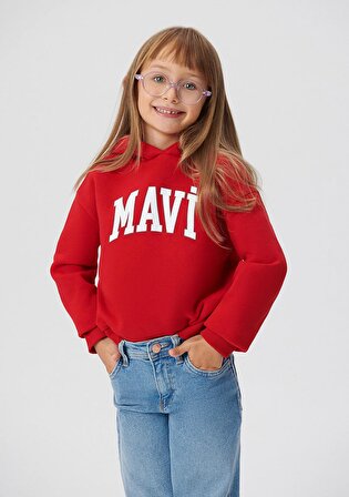 Mavi Logo Baskılı Kapüşonlu Kırmızı Sweatshirt 7610035-86417