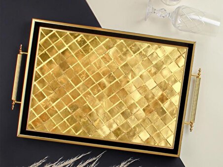 Sembol 50x31cm Kulplu Siyah Gold Baklava Desen Ahşap/Cam Tepsi S-1021