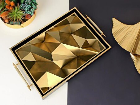 Sembol 50x31cm Kulplu Siyah Gold Piramit Desen Ahşap/Cam Tepsi S-1024