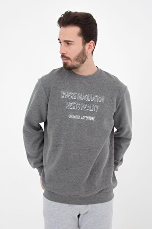 defy's ERKEK BASKILI UZUN KOLLU BİSİKLET YAKA SWEATSHIRT ANTRASİT - XL