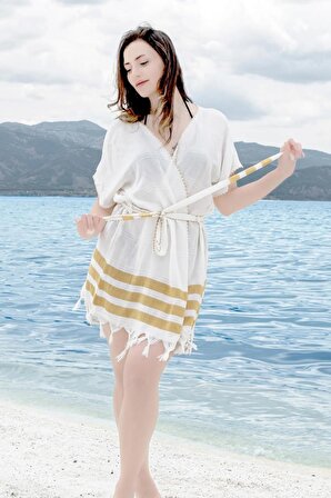 Gold Cotton Pamuklu Kimono Plaj Elbisesi - Mery Sarı L/XL
