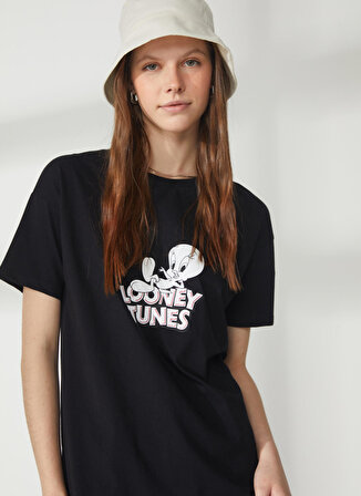 Never Say Never Looney Tunes Baskılı Siyah Kadın Oversized T-Shirt BYL3223