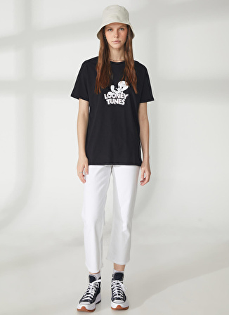 Never Say Never Looney Tunes Baskılı Siyah Kadın Oversized T-Shirt BYL3223