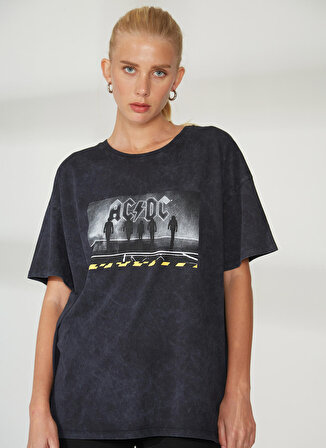 Never Say Never Acdc Baskılı Antrasit Kadın Oversized T-Shirt BYL3226