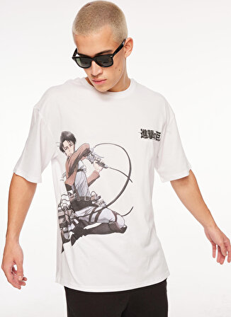 Never Say Never Erkek Beyaz Bisiklet Yaka Oversize Düz ATTACK ON TITAN T-Shirt BYL3822