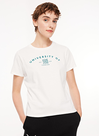 Never Say Never Kadın Ekru Bisiklet Yaka Slim Fit Düz UNIVERSTY OF CAMBRİDGE T-Shirt