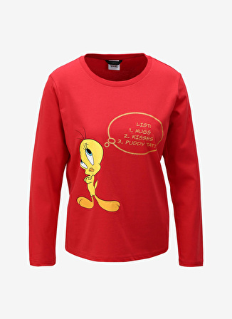 Never Say Never Kadın Kırmızı Bisiklet Yaka Baskılı LOONEY TUNES -TWEETY Pijama Takımı