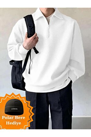 Erkek Polo Yaka Oversize Sweatshirt Yarım Fermuar Sweatshirt 