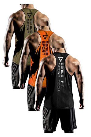 3'lü Paket Erkek Dry Fit Y-back Gym Fitness Sporcu Atleti GENIUS-FIT3(haki-turuncu-siyah)