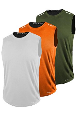 3'lü Erkek Hızlı Kuruma Sporcu Sıfır Kol T-shirt DRIFIT-SIFIRKOL3 BEYAZ-TURUNCU-HAKİ