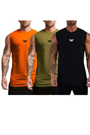 Erkek Hızlı Kuruma Atletik Performans Sporcu Sıfır Kol T-shirt MG-ATLET3 SİYAH-HAKİ-TURUNCU