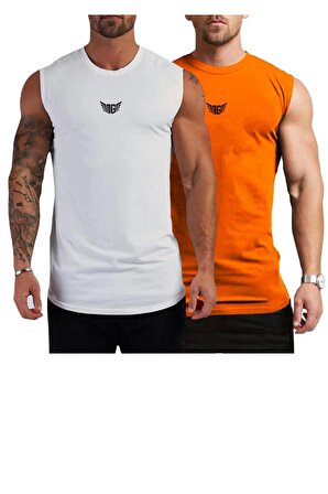 Erkek Nem Emici Hızlı Kuruma Atletik Teknik Performans Sporcu Sıfır Kol T-shirt MG-ATLET2(Beyaz-Turuncu)