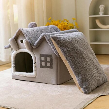 TİNEKE Kedi evi Yumuşak kedi yatağı derin uyku ve kış evi çıkarılabilir minder - VİLLA ( GRİ ) 1 ADET