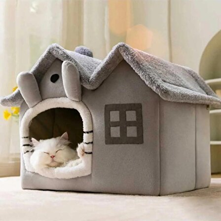 Tineke Kedi Evi Yumuşak Kedi Yatağı Derin Uyku Ve Kış Evi Çıkarılabilir Minder -villa (GRİ) 1 Adet BÜYÜK BOY