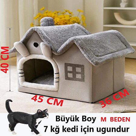 Tineke Kedi Evi Yumuşak Kedi Yatağı Derin Uyku Ve Kış Evi Çıkarılabilir Minder -villa (GRİ) 1 Adet BÜYÜK BOY