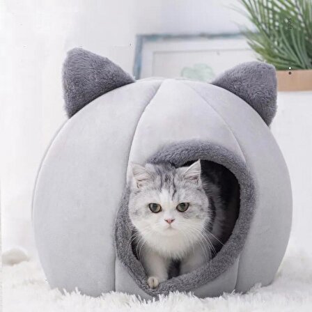 Bal Kabağı Tasarımlı Kedi Evi Yumuşak Kedi Yatağı Derin Uyku Ve Kış Evi Çıkartılabilir Minder GRİ S BEDEN
