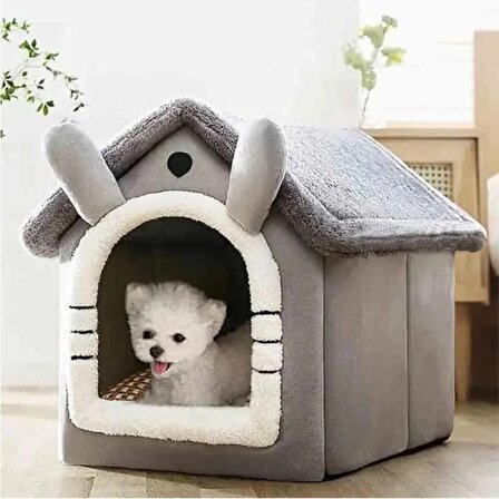 Klasik Model Kedi Evi Yumuşak Kedi Yatağı Derin Uyku Ve Kış Evi Çıkarılabilir Minder GRİ S BEDEN