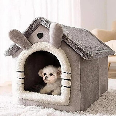 Klasik Model Kedi Evi Yumuşak Kedi Yatağı Derin Uyku Ve Kış Evi Çıkarılabilir Minder GRİ M BEDEN