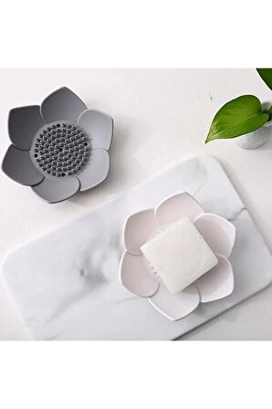 Sabunluk Lotus Tasarımlı Şık Sabunluk Katı Sabunluk Su Giderli Sabunluk GRİ