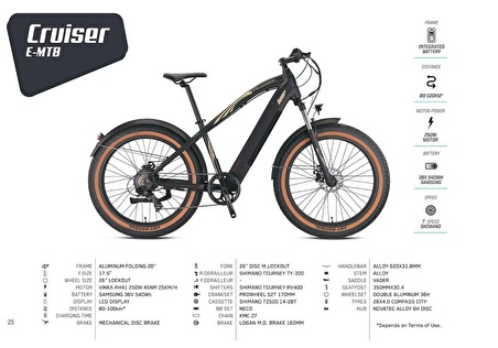 LOOP CRUISER 26 ELEKTRİKLİ FAT BIKE BİSİKLET 7Vites MD 17 MAT SİYAH -KAHVERENGİ