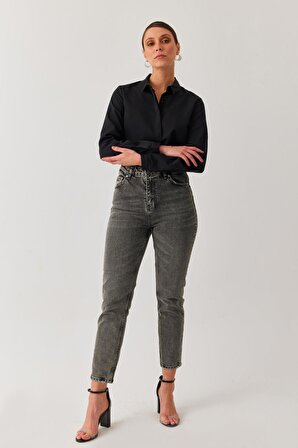 Kadın Füme Renk Yüksek Bel Likralı Denim Kumaş Mom Fit Yüksek Bel Jean