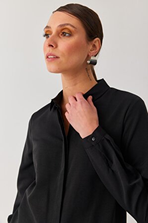 Kadın Düz Siyah Renk Poplin Basıc Ofis Gömlek