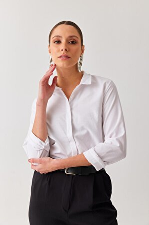 Kadın Düz Beyaz Renk Poplin Basıc Ofis Gömlek