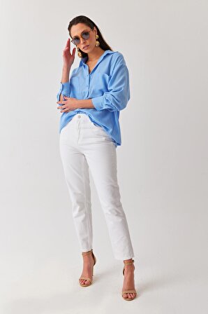 Kadın Beyaz Renk Yüksek Bel Likralı Denim Kumaş Mom Fit Yüksek Bel Jean