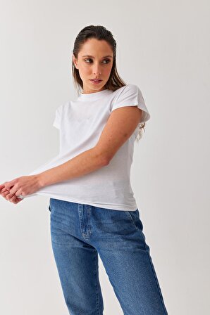 Kadın Düz Beyaz Dik Yaka Basic Örme T-Shirt 