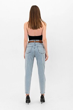 Yüksek Bel likralı Mavi Mom Jeans Kot Pantolon