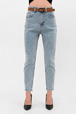 Yüksek Bel likralı Mavi Mom Jeans Kot Pantolon