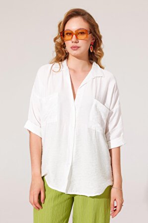 Kadın Beyaz Yarım Kollu Bodrum Polyester Gömlek