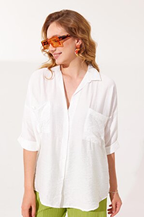 Kadın Beyaz Yarım Kollu Bodrum Polyester Gömlek