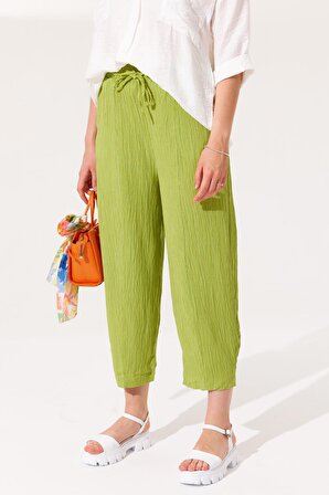 Gofre Fıstık Yeşil Belden Lastikli Bağlamalı Şalvar Pantolon