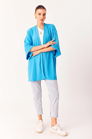 Mavi Geniş Kollu Kimono Ceket