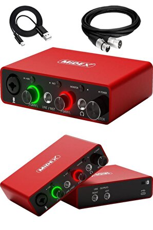 Midex GLX-700RD XLR Üst Segment Usb Stüdyo Ses Kartı 2 Giriş 2 Çıkış 24bit/192kHz