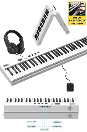 Midex PLX-100WH Taşınabilir Dijital Piyano Tuş Hassasiyetli 88 Tuş Bluetooth Şarjlı (Sustain Pedalı Kulaklık Çanta Metod)
