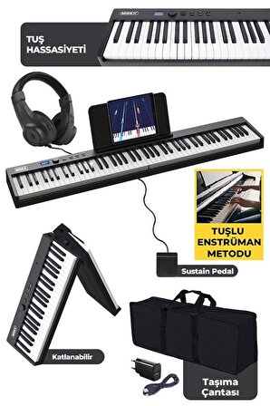 Midex PLX-100BK Taşınabilir Dijital Piyano Tuş Hassasiyetli 88 Tuş Bluetooth Şarjlı (Sustain Pedalı Kulaklık Çanta Metod)