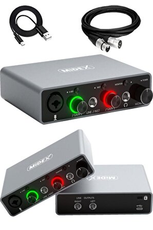 Midex GLX-700GR XLR Üst Segment Usb Stüdyo Ses Kartı 2 Giriş 2 Çıkış 24bit/192kHz